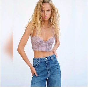 Zara Checkered Plaid Tweed Bustier Corset Crop Top Pink Multicolored size Small